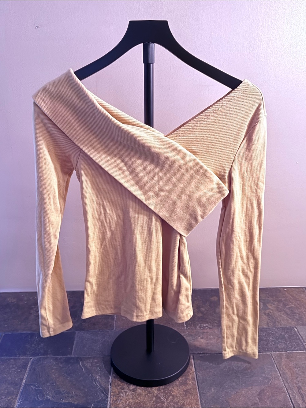 SHEIN Butter Yellow Off-Shoulder Crossover Long Sleeve Top